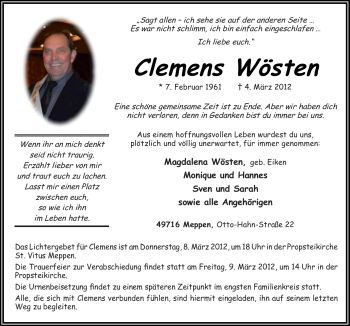 Traueranzeige von Clemens Wösten von Neue Osnabrücker Zeitung