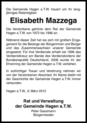 Traueranzeige von Elisabeth Mazzega von Neue Osnabrücker Zeitung