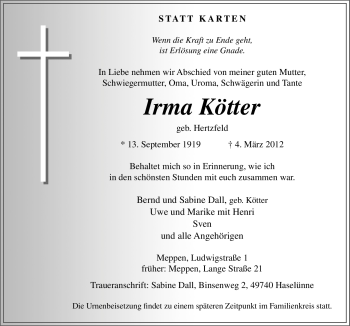 Traueranzeige von Irma Kötter von Neue Osnabrücker Zeitung