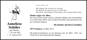 Traueranzeige von Anneliese Schöler von Neue Osnabrücker Zeitung