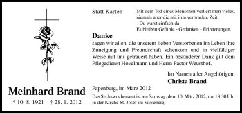 Traueranzeige von Meinhard Brand von Neue Osnabrücker Zeitung