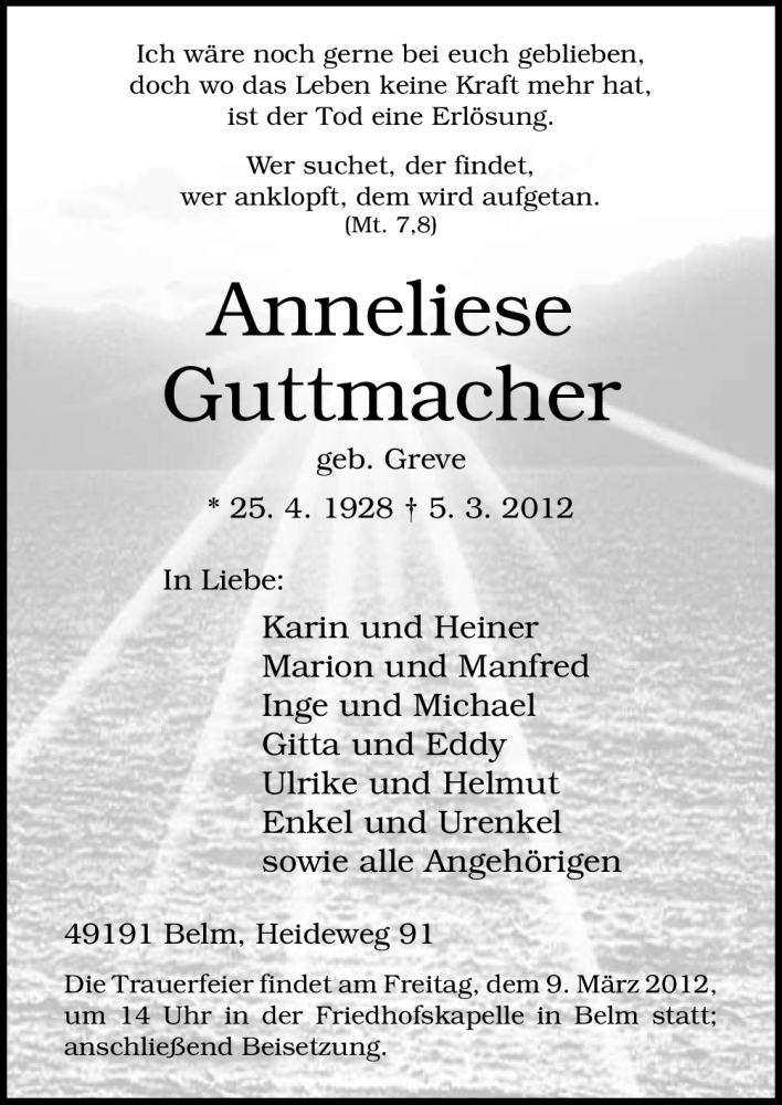  Traueranzeige für Anneliese Guttmacher vom 07.03.2012 aus Neue Osnabrücker Zeitung