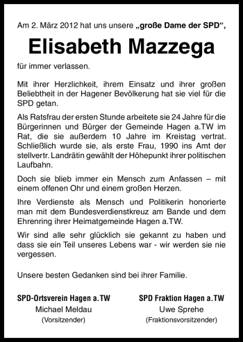 Traueranzeige von Elisabeth Mazzega von Neue Osnabrücker Zeitung