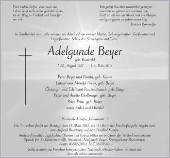 Traueranzeige von Adelgunde Beyer von Neue Osnabrücker Zeitung