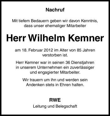 Traueranzeige von Wilhelm Kemner von Neue Osnabrücker Zeitung