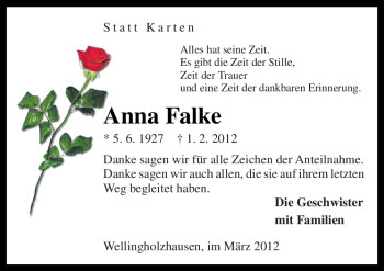 Traueranzeige von Anna Falke von Neue Osnabrücker Zeitung