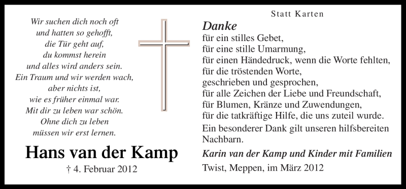  Traueranzeige für Hans van der Kamp vom 10.03.2012 aus Neue Osnabrücker Zeitung