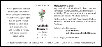 Traueranzeige von Adelheid Hinrichs von Neue Osnabrücker Zeitung