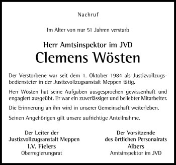 Traueranzeige von Clemens Wösten von Neue Osnabrücker Zeitung