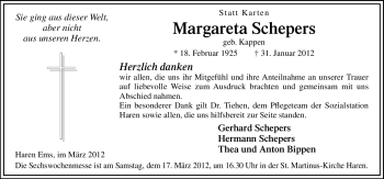 Traueranzeige von Margareta Schepers von Neue Osnabrücker Zeitung