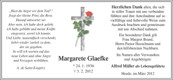 Traueranzeige von Margarete Glaefke von Neue Osnabrücker Zeitung