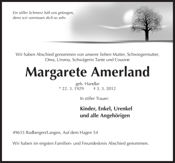 Traueranzeige von Margarete Amerland von Neue Osnabrücker Zeitung