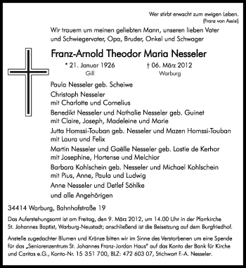 Traueranzeige von Franz-Arnold Theodor Maria Nessler von Neue Osnabrücker Zeitung