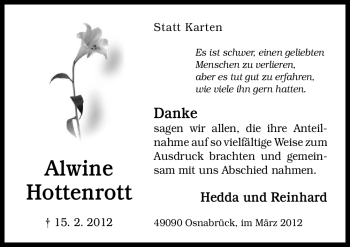 Traueranzeige von Alwine Hottenrott von Neue Osnabrücker Zeitung