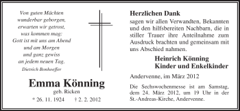 Traueranzeige von Emma Könning von Neue Osnabrücker Zeitung