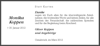 Traueranzeige von Monika Koppen von Neue Osnabrücker Zeitung