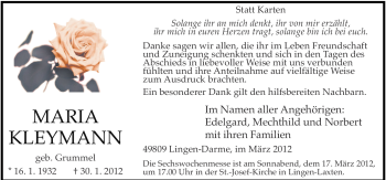 Traueranzeige von Maria Kleymann von Neue Osnabrücker Zeitung