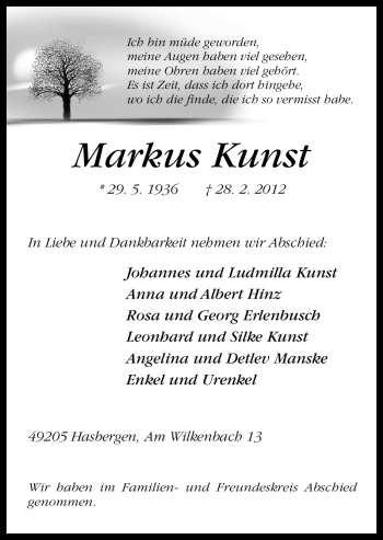 Traueranzeige von Markus Kunst von Neue Osnabrücker Zeitung