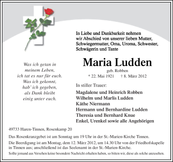 Traueranzeige von Maria Ludden von Neue Osnabrücker Zeitung