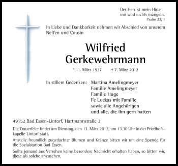 Traueranzeige von Wilfried Gerkewehrmann von Neue Osnabrücker Zeitung