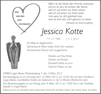 Traueranzeige von Jessica Kotte von Neue Osnabrücker Zeitung