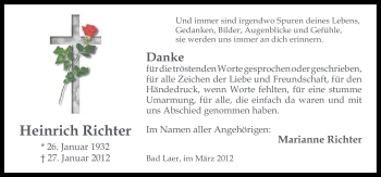 Traueranzeige von Heinrich Richter von Neue Osnabrücker Zeitung