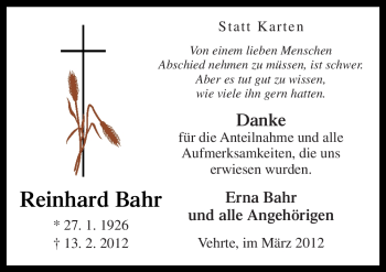 Traueranzeige von Reinhard Bahr von Neue Osnabrücker Zeitung