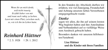 Traueranzeige von Reinhard Hüttner von Neue Osnabrücker Zeitung
