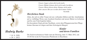 Traueranzeige von Hedwig Burke von Neue Osnabrücker Zeitung
