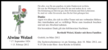 Traueranzeige von Alwine Welzel von Neue Osnabrücker Zeitung
