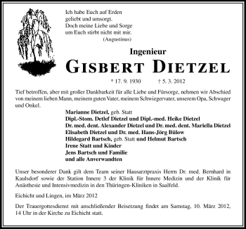 Traueranzeige von Gisbert Dietzel von Neue Osnabrücker Zeitung