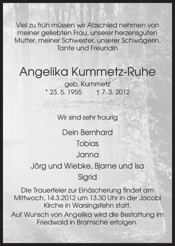 Traueranzeige von Angelika Kummetz-Ruhe von Neue Osnabrücker Zeitung