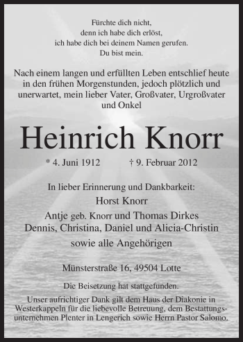 Traueranzeige von Heinrich Knorr von Neue Osnabrücker Zeitung
