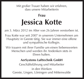 Traueranzeige von Jessica Kotte von Neue Osnabrücker Zeitung