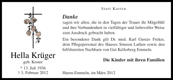 Traueranzeige von Hella Krüger von Neue Osnabrücker Zeitung
