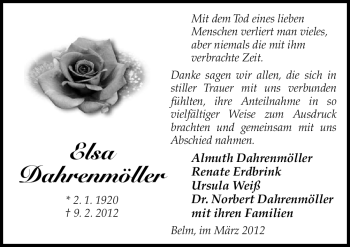 Traueranzeige von Elsa Dahrenmöller von Neue Osnabrücker Zeitung
