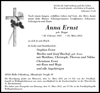 Traueranzeige von Anna Ernst von Neue Osnabrücker Zeitung