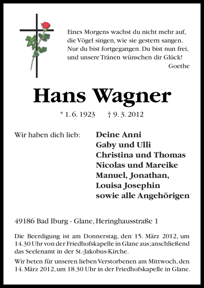  Traueranzeige für Hans Wagner vom 12.03.2012 aus Neue Osnabrücker Zeitung