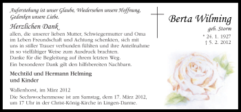 Traueranzeige von Berta Wilming von Neue Osnabrücker Zeitung