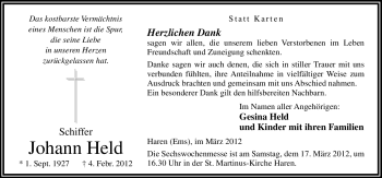 Traueranzeige von Johann Held von Neue Osnabrücker Zeitung