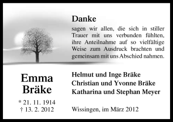 Traueranzeige von Emma Bräke von Neue Osnabrücker Zeitung