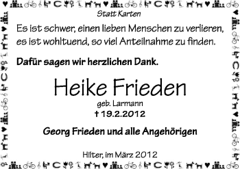 Traueranzeige von Heike Frieden von Neue Osnabrücker Zeitung