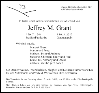 Traueranzeige von Jeffrey M. Grant von Neue Osnabrücker Zeitung