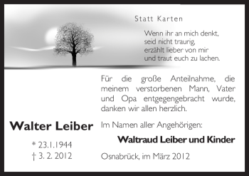 Traueranzeige von Walter Leiber von Neue Osnabrücker Zeitung