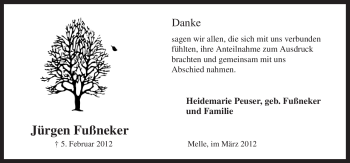 Traueranzeige von Jürgen Fußneker von Neue Osnabrücker Zeitung