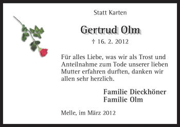 Traueranzeige von Gertrud Olm von Neue Osnabrücker Zeitung