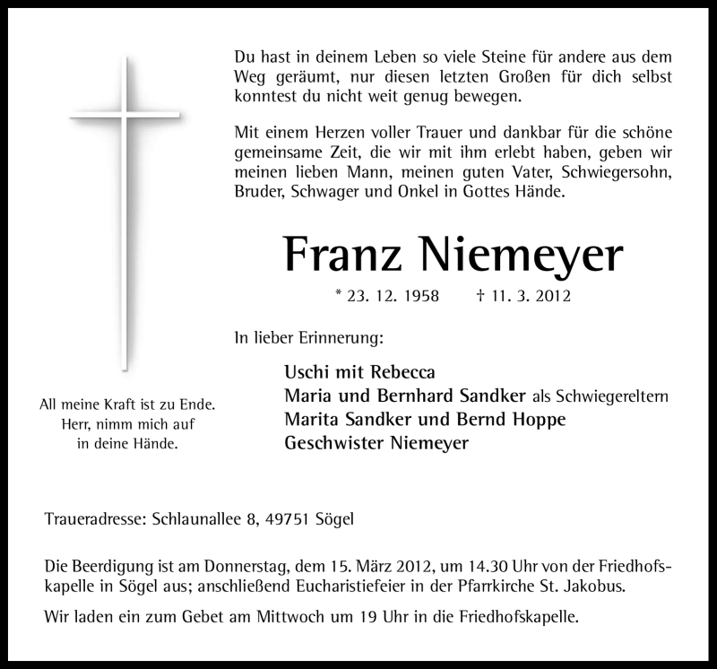  Traueranzeige für Franz Niemeyer vom 14.03.2012 aus Neue Osnabrücker Zeitung