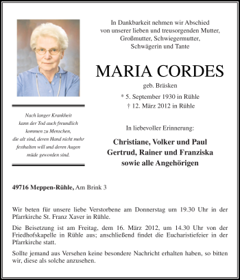 Traueranzeige von Maria Cordes von Neue Osnabrücker Zeitung