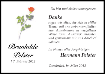 Traueranzeige von Brunhilde Pelster von Neue Osnabrücker Zeitung