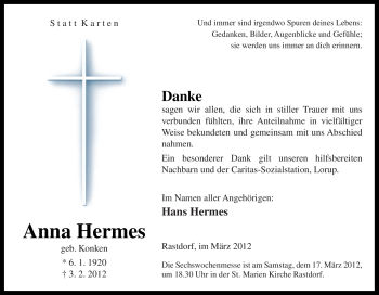 Traueranzeige von Anna Hermes von Neue Osnabrücker Zeitung